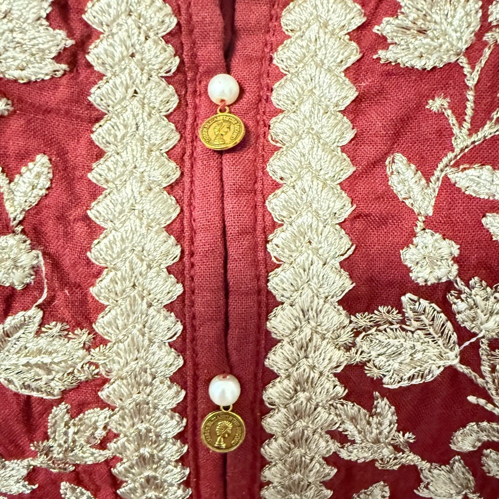 Sapphire Burgundy Cotton Tunic Top Gold Embroidery Long Sleeved‎ Dress - Picture 8 of 13